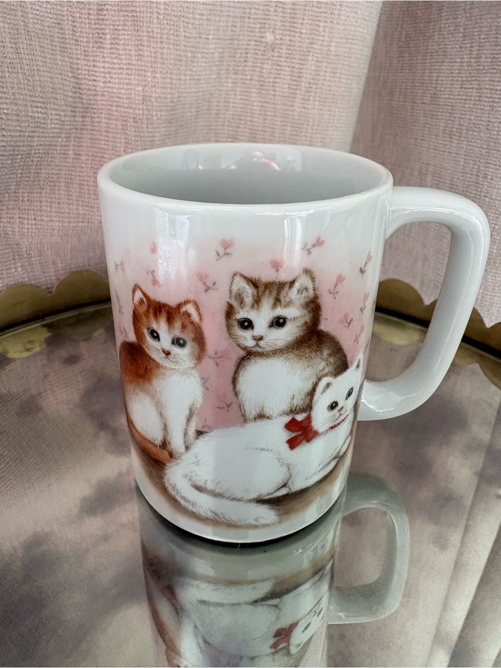 Vintage Made in Japan White Ceramic Cat Mug with Pink Accents
